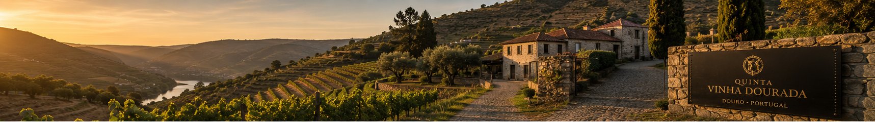 Entrada da quinta ao entardecer, com muros de pedra e oliveiras