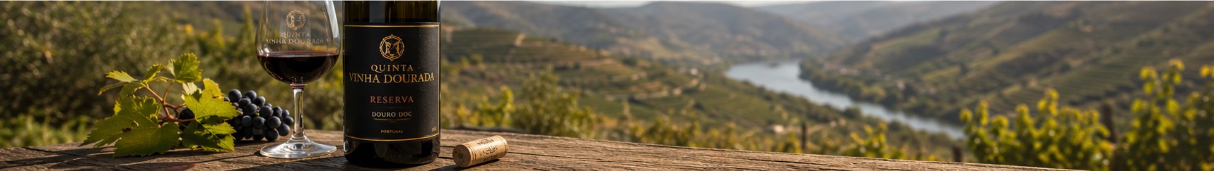 Garrafa de Reserva da Quinta Vinha Dourada e copo de vinho tinto sobre uma mesa de madeira, com o vale do Douro ao fundo